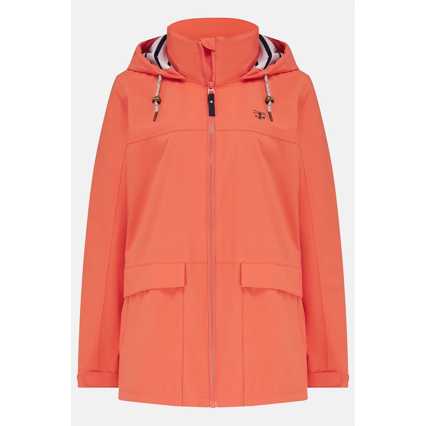 Main front view of a womens Beachcomber II waterproof jacket in Coral with a stripy hood lining.