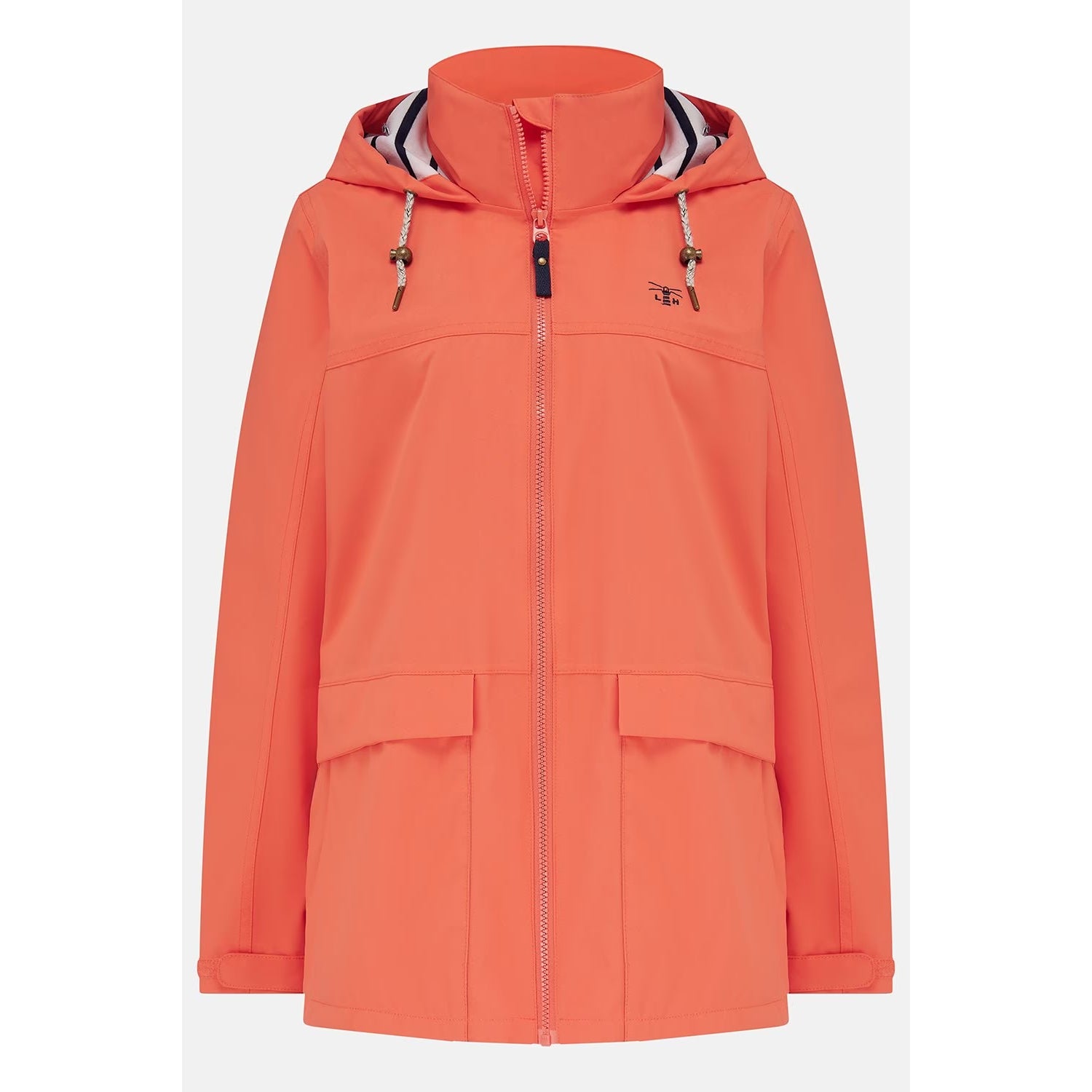 Main front view of a womens Beachcomber II waterproof jacket in Coral with a stripy hood lining.