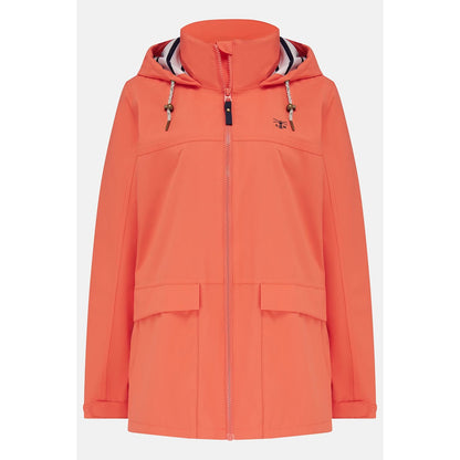 Main front view of a womens Beachcomber II waterproof jacket in Coral with a stripy hood lining.