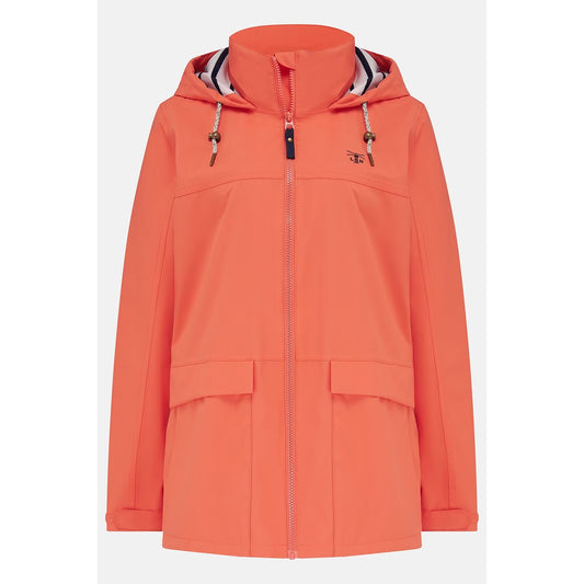 Main front view of a womens Beachcomber II waterproof jacket in Coral with a stripy hood lining.