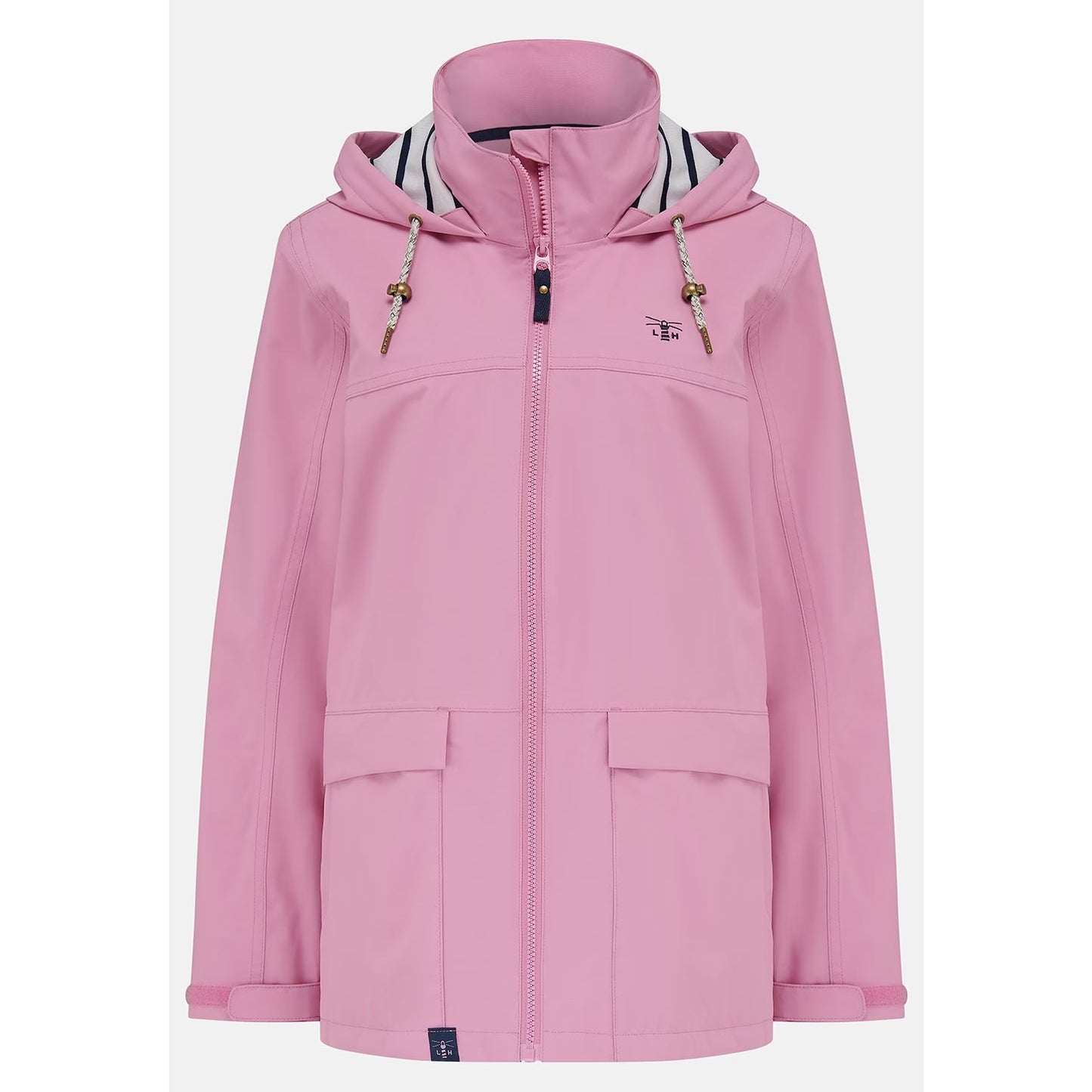 Main front view of a womens Beachcomber II waterproof jacket in Pink with a stripy hood lining.