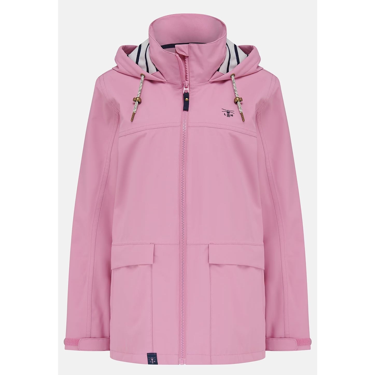 Main front view of a womens Beachcomber II waterproof jacket in Pink with a stripy hood lining.