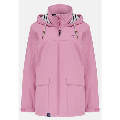 Main front view of a womens Beachcomber II waterproof jacket in Pink with a stripy hood lining.