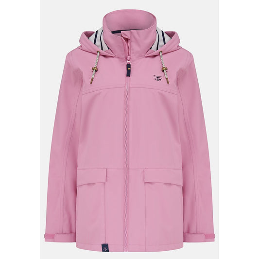 Main front view of a womens Beachcomber II waterproof jacket in Pink with a stripy hood lining.