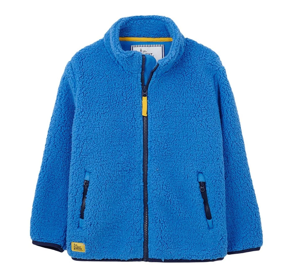 Blue kids Lighthouse sherpa fleece jacket with yellow accents on a white background