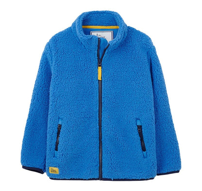 Blue kids Lighthouse sherpa fleece jacket with yellow accents on a white background