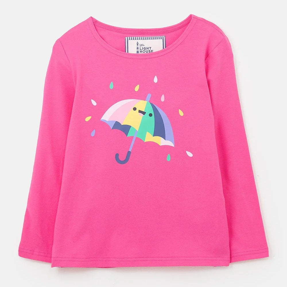 A Lighthouse kids Causeway pink long-sleeve t-shirt with a colourful umbrella print design on a white background