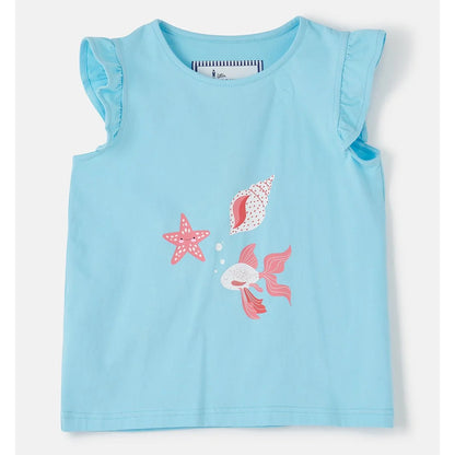 Light blue kids Lighthouse sleeveless top with fish and starfish designs on a white background