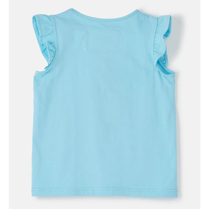 Light blue Lighthouse kids sleeveless top with ruffled shoulders on a white background