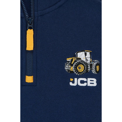 Close-up view of a Lighthouse kids Jonah 1/4 zip sweatshirt in navy with yellow trim and a JCB applique sewn on the chest.