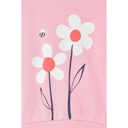 Lighthouse kids Flora sweatshirt Dusky Pink flowers with white petals and orange centers on pink fabric