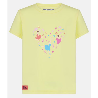 Main front view of a kids Lighthouse short sleeve Causeway t-shirt in lemon yellow, featuring a heart shape ballerina print on the front.