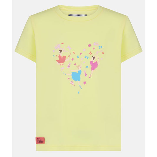 Main front view of a kids Lighthouse short sleeve Causeway t-shirt in lemon yellow, featuring a heart shape ballerina print on the front.