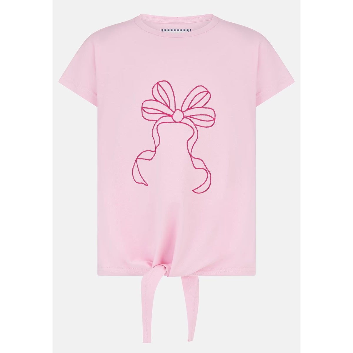 Main front view of a kids Lighthouse Causeway short sleeve tee in pink with a tie hem and embroidered bow on the front.