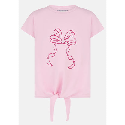 Main front view of a kids Lighthouse Causeway short sleeve tee in pink with a tie hem and embroidered bow on the front.
