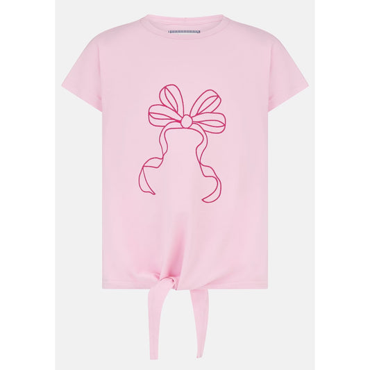 Main front view of a kids Lighthouse Causeway short sleeve tee in pink with a tie hem and embroidered bow on the front.