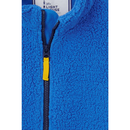 Lighthouse kids blue fleece jacket with a yellow zipper on a white background