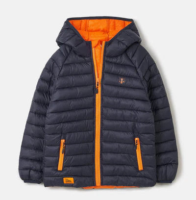 Front view of a Lighthouse kids navy Carter padded coat with bright orange lining and zipper for warmth and comfort