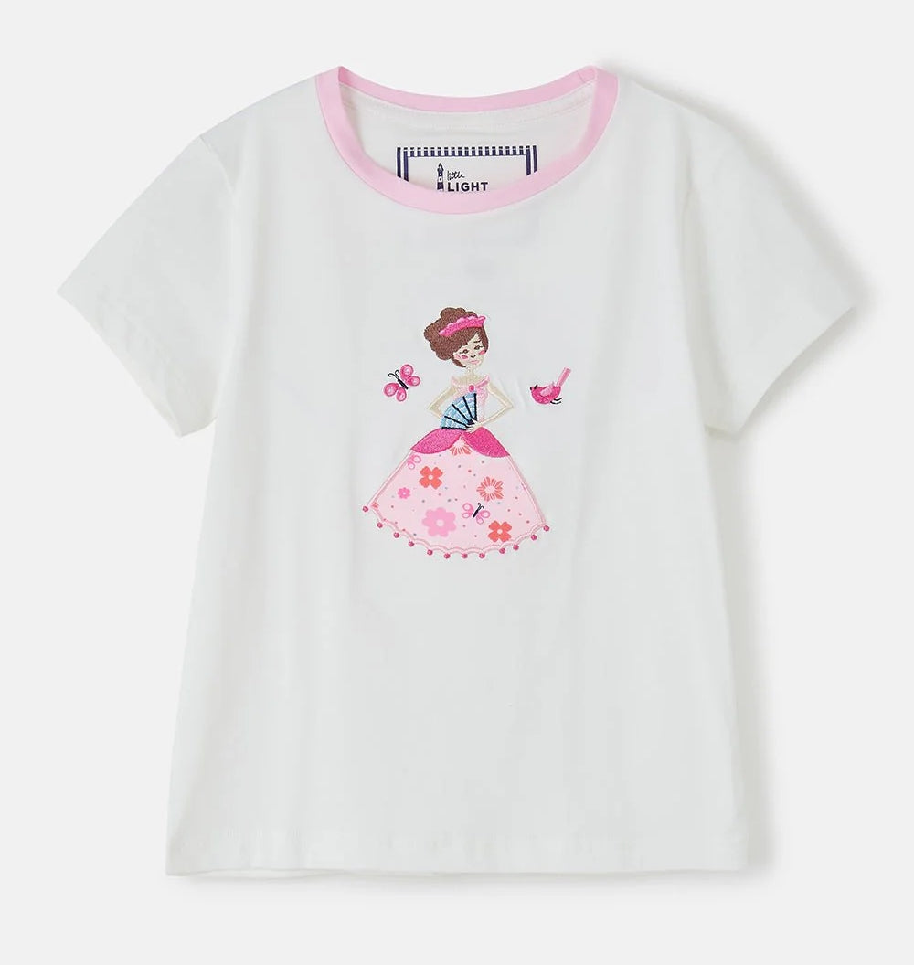 Lighthouse kids Princess Tee white girls t-shirt with pink collar and princess print with butterfly and bird