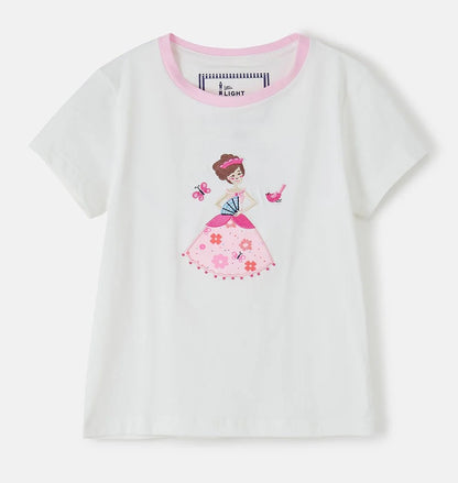 Lighthouse kids Princess Tee white girls t-shirt with pink collar and princess print with butterfly and bird