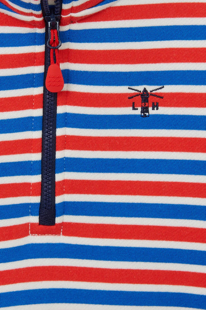Closeup of a kids Lighthouse red, blue and white stripe Riley sweatshirt with 1/4 zip neckline.