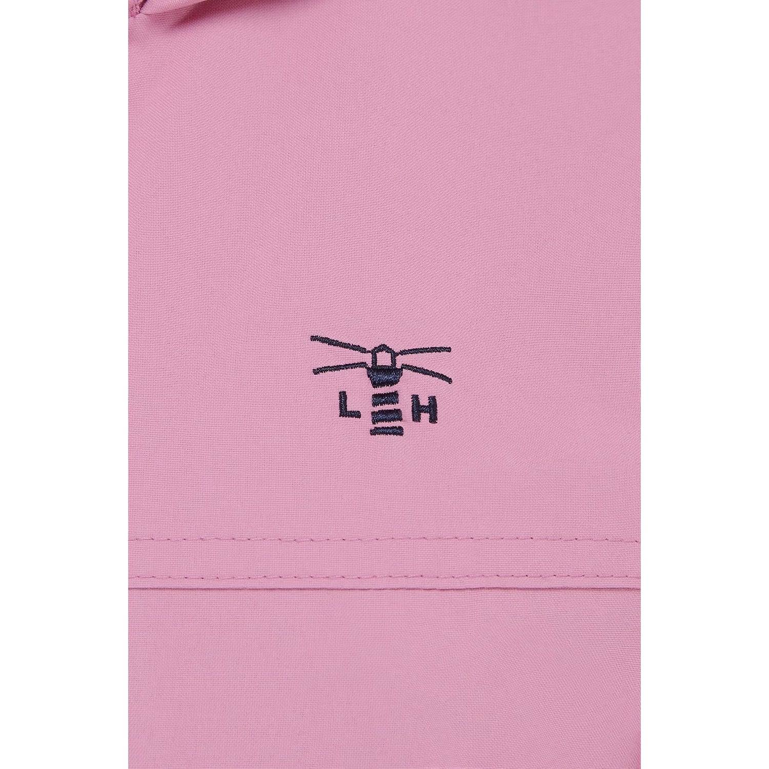 Close-up view of the embroidered logo and fabric of a womens Beachcomber II waterproof jacket in Pink.