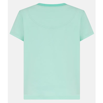 Back view of a kids Lighthouse short sleeve Causeway t-shirt in mint green, featuring a white and pink poodle dog print on the front.