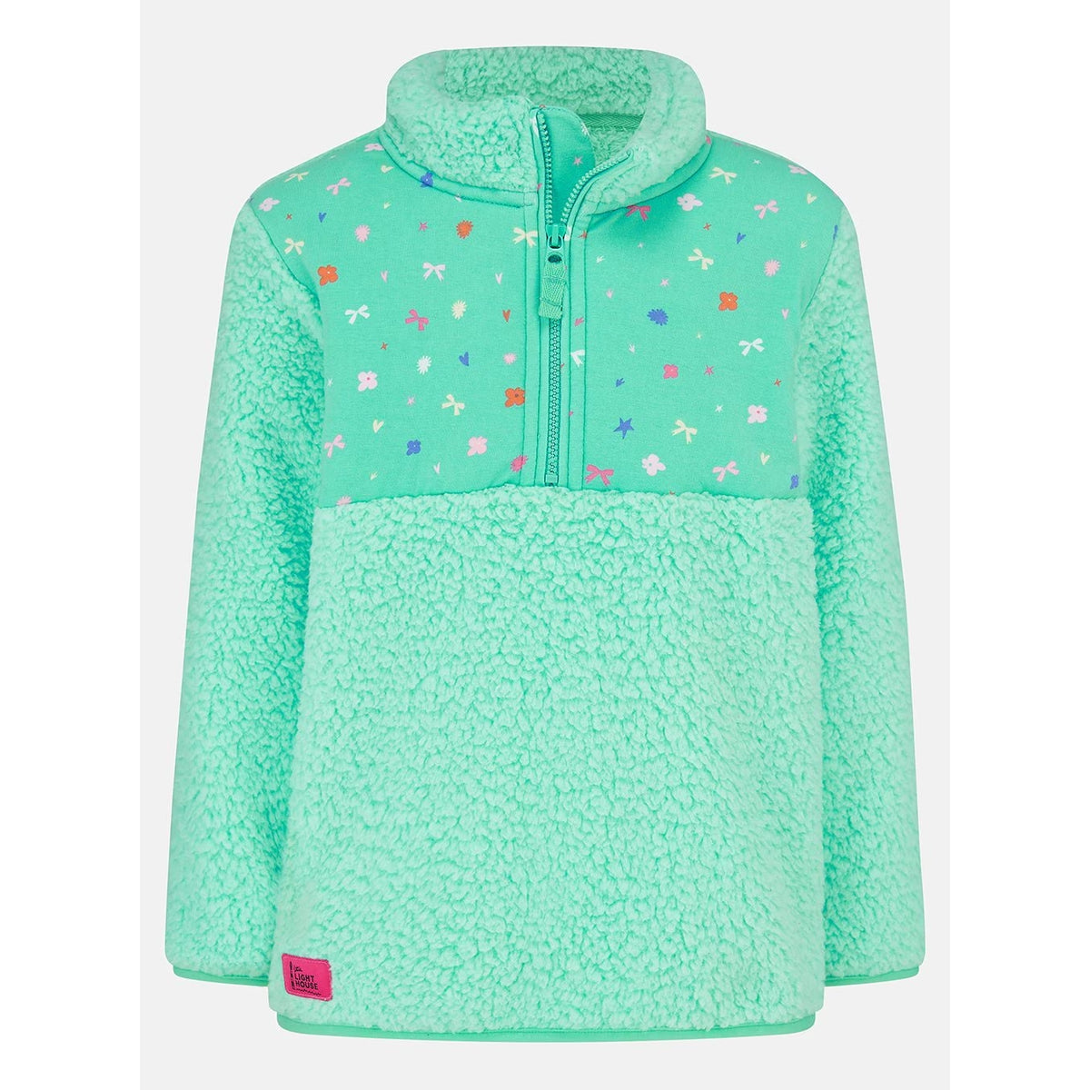 Main front view of a kids Lighthouse Cassie fleece, in mint green with a tiffany bows, hearts, stars and floral print on the chest.