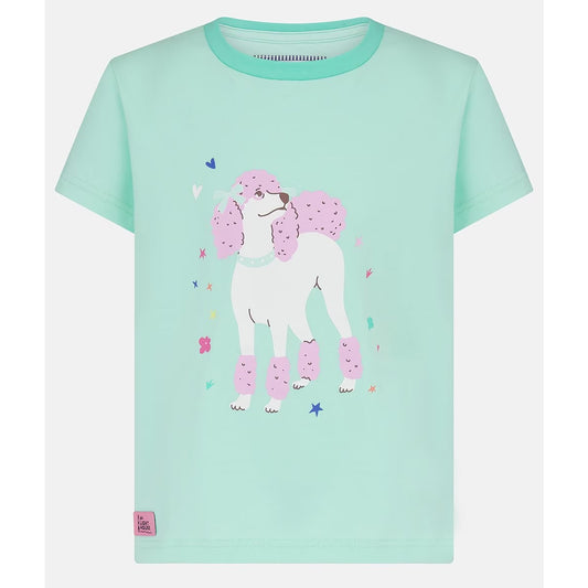 Main front view of a kids Lighthouse short sleeve Causeway t-shirt in mint green, featuring a white and pink poodle dog print on the front.