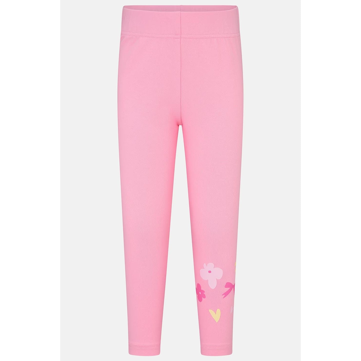 Main front view of a pair of Lighthouse kids Mollie leggings in Fluro Pink with a bow, heart and flower print on one leg.