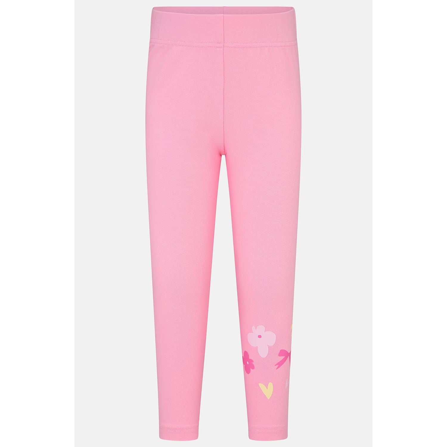 Main front view of a pair of Lighthouse kids Mollie leggings in Fluro Pink with a bow, heart and flower print on one leg.