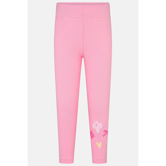 Main front view of a pair of Lighthouse kids Mollie leggings in Fluro Pink with a bow, heart and flower print on one leg.