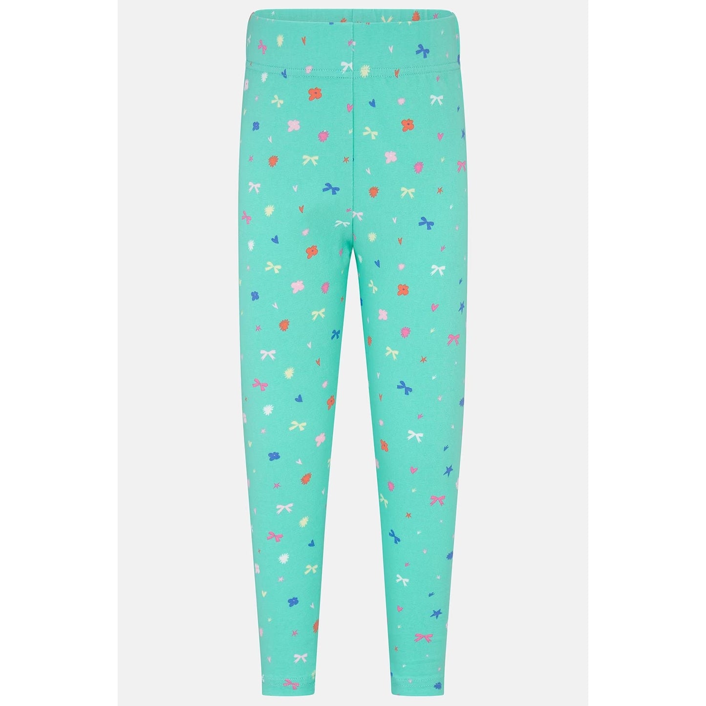 Main front view of a pair of Lighthouse kids Mollie leggings in mint green with a bows, stars and floral pattern.