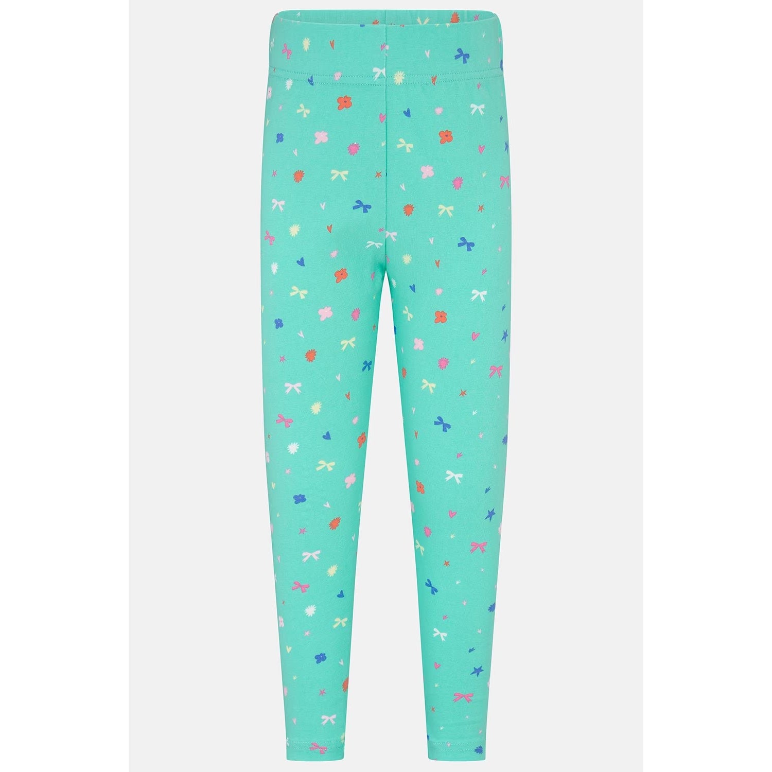 Main front view of a pair of Lighthouse kids Mollie leggings in mint green with a bows, stars and floral pattern.