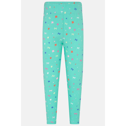 Main front view of a pair of Lighthouse kids Mollie leggings in mint green with a bows, stars and floral pattern.