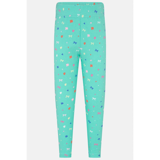Main front view of a pair of Lighthouse kids Mollie leggings in mint green with a bows, stars and floral pattern.