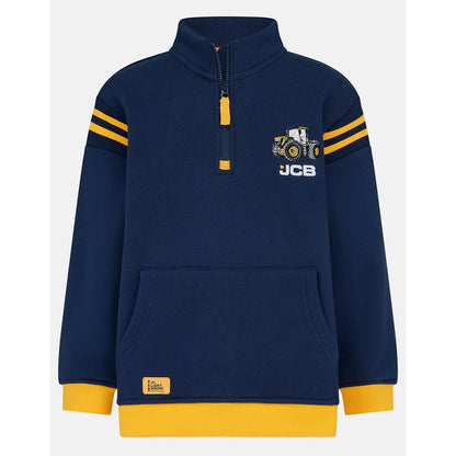 Main front view of a Lighthouse kids Jonah 1/4 zip sweatshirt in navy with yellow trim and a JCB applique sewn on the chest.
