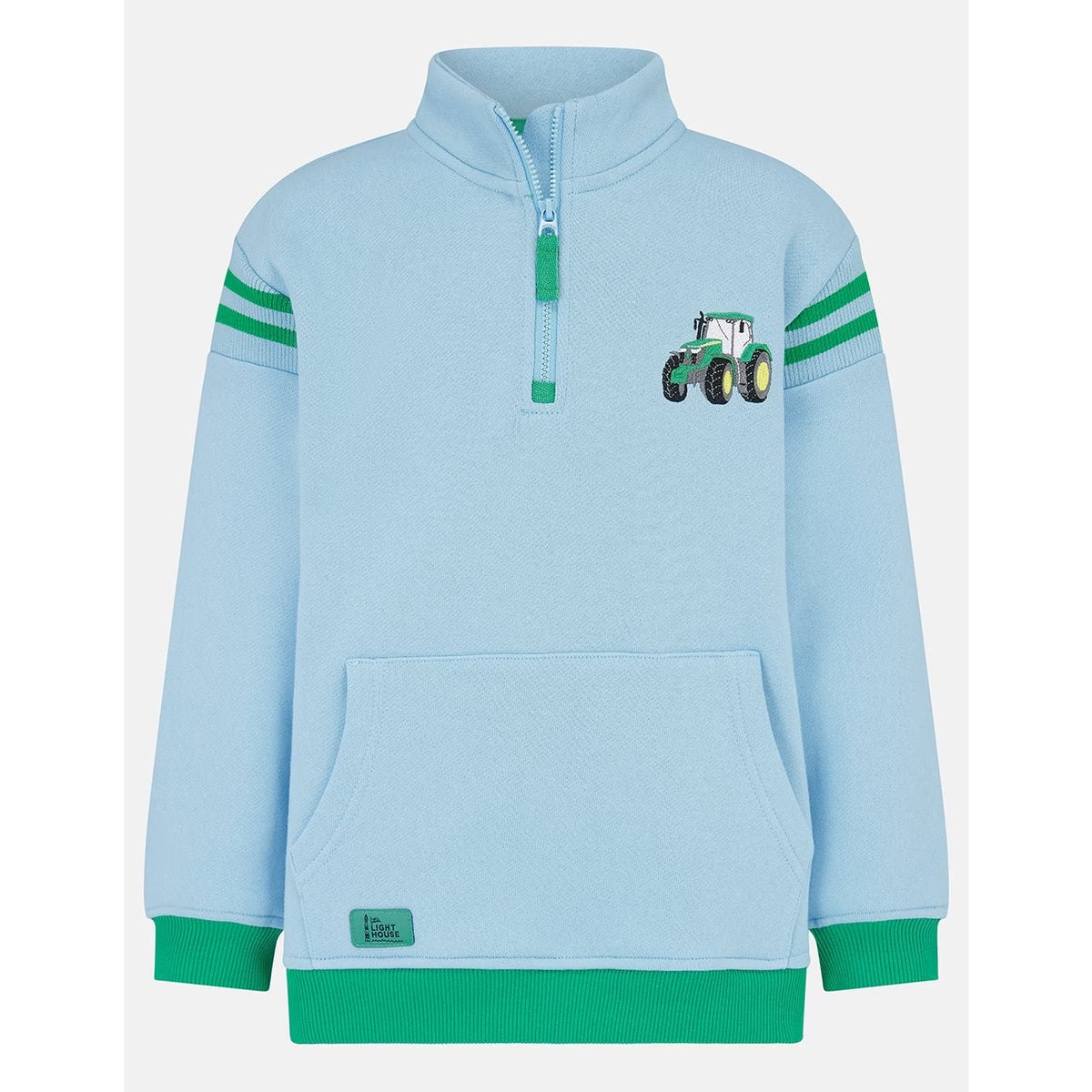 Front view of a Lighthouse Jonah zip neck sweatshirt in sky blue with green trim and tractor applique on the chest.