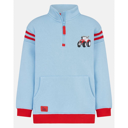 Main front view of a Lighthouse kids Jonah 1/4 zip sweatshirt in sky blue with red trim and a red embroidered tractor applique on the chest.