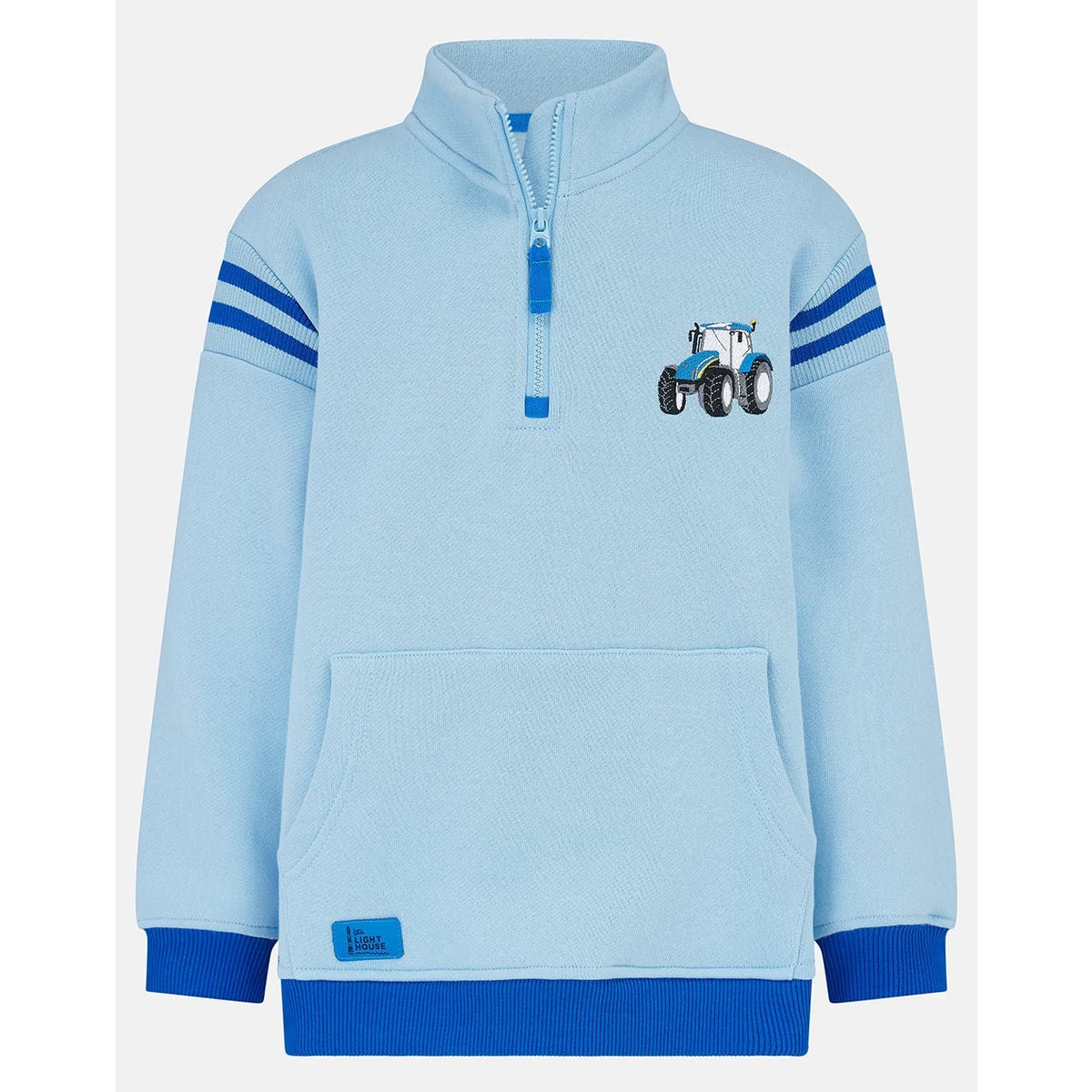 Main front view of a Weird Fish kids Jonah 1/4 zip neck sweatshirt with blue trim and blue tractor applique sewn on the chest.