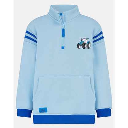 Main front view of a Weird Fish kids Jonah 1/4 zip neck sweatshirt with blue trim and blue tractor applique sewn on the chest.