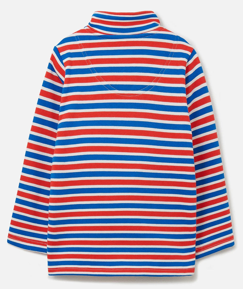 Back view of a kids Lighthouse Riley sweatshirt in red, blue and white stripes.