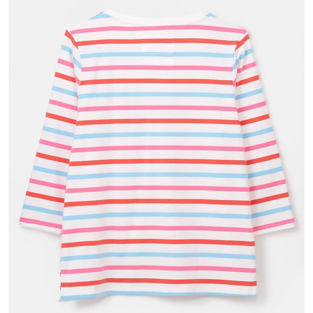 Back view of a womens striped Lighthouse top in white with red, pink, and blue horizontal stripes on a white background