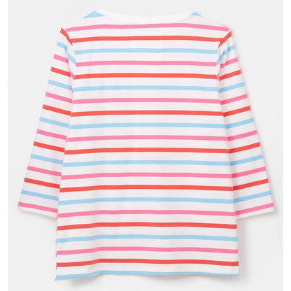 Back view of a womens striped Lighthouse top in white with red, pink, and blue horizontal stripes on a white background