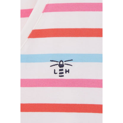 Closeup of a Watermelon Pink striped Lighthouse womens Ariana top with a logo and text on a white background