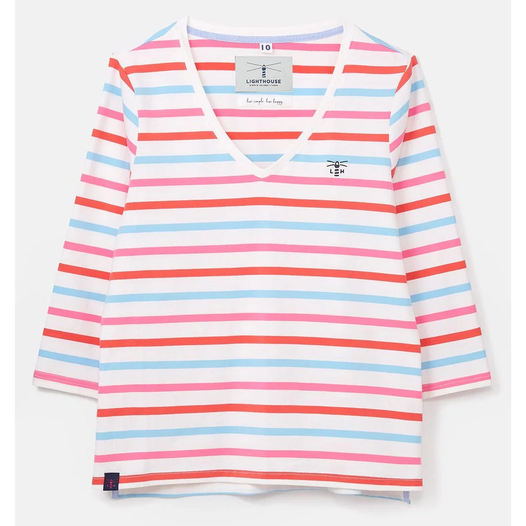 Striped womens Lighthouse Ariana top with red, pink, and blue horizontal stripes on a white background