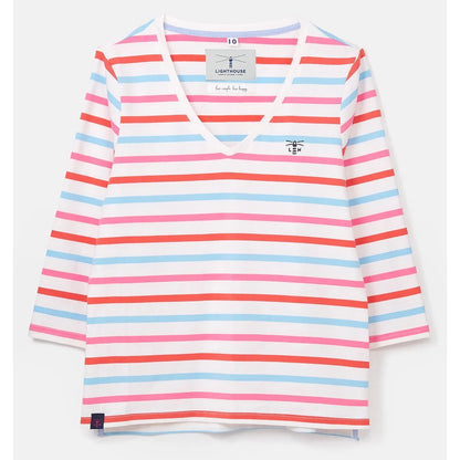Striped womens Lighthouse Ariana top with red, pink, and blue horizontal stripes on a white background