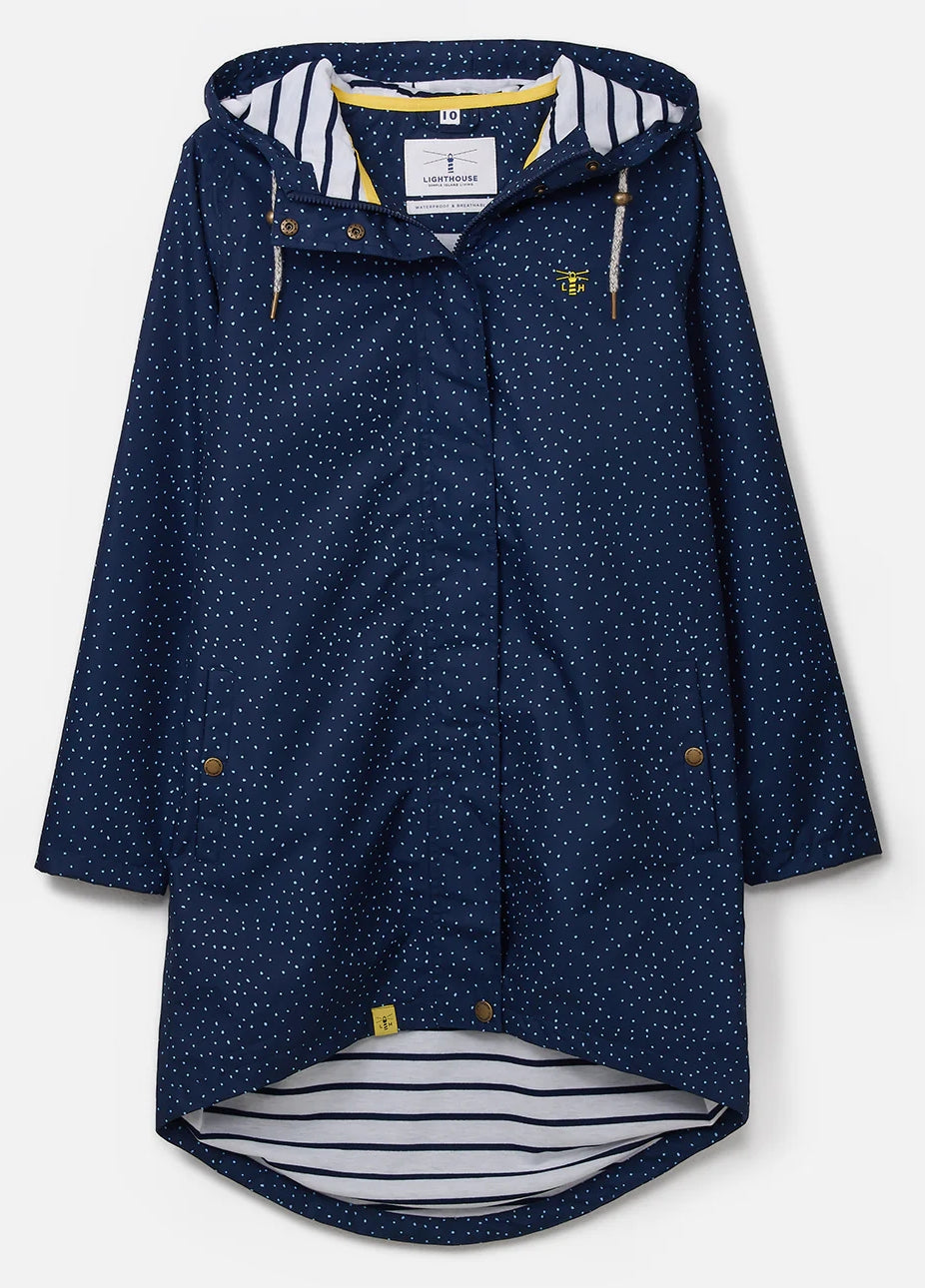 Lighthouse womens beachcomber jacket navy dot with hood and striped lining perfect for coastal weather
