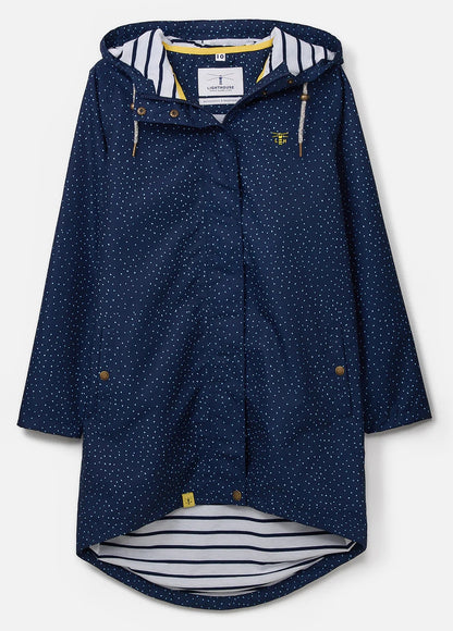 Lighthouse womens beachcomber jacket navy dot with hood and striped lining perfect for coastal weather