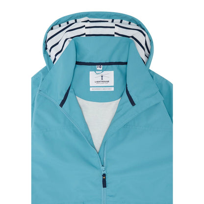Close-up view of a womens Beachcomber II waterproof jacket in Blue with a stripy hood lining.